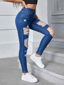 SHEIN Essnce 破洞緊身牛仔褲 - 中等水洗藍 - 查看 1
