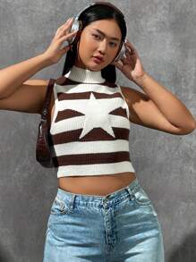 SHEIN EZwear Plus Star Pattern Mock Neck Crop Knit Top - Multicolor - View 4