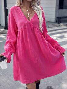 SHEIN Unity 素色荷葉袖娃娃裙 - 玫紅色 - 查看 6