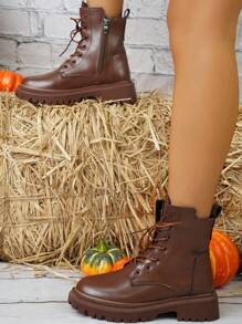 Botas Casuales De Moda Para Mujer Con Cordones - Color caoba - Ver 5