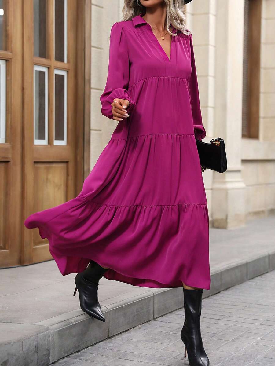 SHEIN Privé 素色荷葉邊娃娃裙 - 紫色 - 查看 1