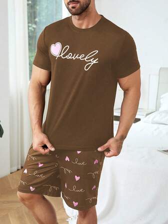 男士字母圖案T恤和短褲睡衣套裝