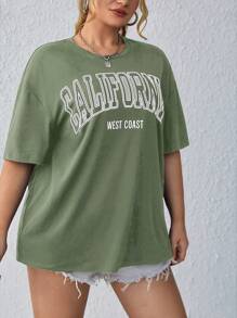 SHEIN EZwear Plus Letter Graphic Drop Shoulder Tee - Army Green - View 5