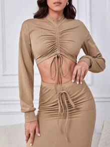 SHEIN Tall Drawstring Front Crop Top & Skirt - Khaki - View 5