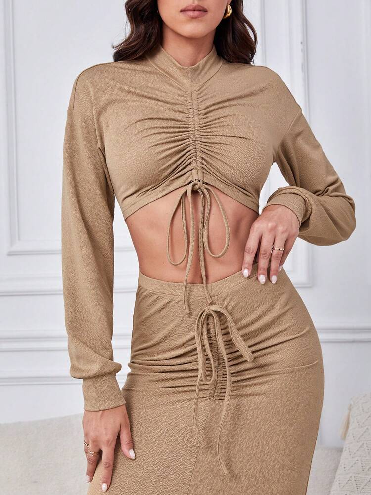 Drawstring Front Crop Top & Skirt