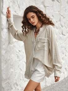 Bohemela Solid Button Front Pocket Patched Raglan Sleeve Blouse - Beige - View 6