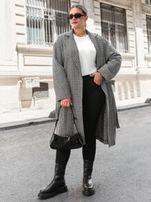 SHEIN Cottnline Plus Houndstooth Print Belted Overcoat - Black and White - View 4