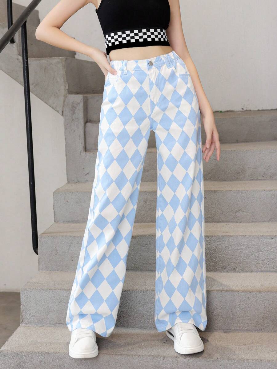 青少年女孩菱形印花闊腿牛仔褲 - 藍白色 - 查看 1