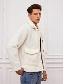 RueChic Men 1pc Flap Pocket Drop Shoulder Teddy Jacket - Beige - View 3