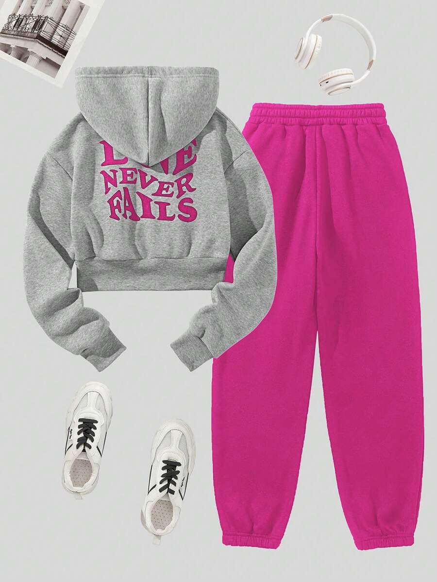 SHEIN Unity 字母圖案加絨內裏連帽衫和運動褲 - 彩色 - 查看 1