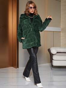 Eilly Bazar Solid Open Front Fuzzy Coat - Dark Green - View 5