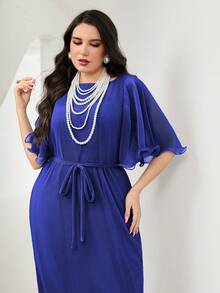 Modelyn Plus Solid Butterfly Sleeve Belted Dress - Royal Blue - View 6