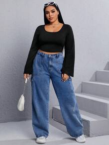 SHEIN EZwear Plus Solid Scoop Neck Tee - Black - View 5