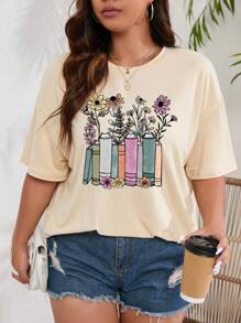 INAWLY Plus Floral Print Drop Shoulder Tee Graphic Tees Women Tops