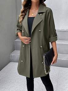 SHEIN LUNE 捲邊袖雙排釦風衣外套 - 墨綠色 - 查看 4