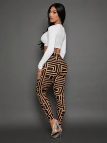 SHEIN SXY Allover Print High Waist Leggings Asymmetrical Waist Casual Pants - Multicolor - View 2