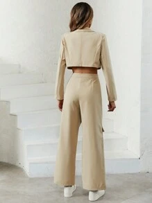 SHEIN Essnce Lapel Neck Crop Blazer & Flap Pocket Wide Leg Pants - Apricot - View 2