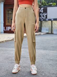 In My Nature 素色翻蓋口袋工裝褲 - 卡其色 - 查看 7