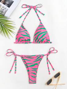 Bañador bikini triángulo halter de rayas de cebra - Verde - Ver 1