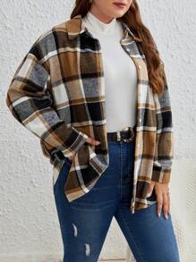 SHEIN Frenchy Plus Plaid Print Drop Shoulder Coat Winter Fall Autumn - Khaki - View 5