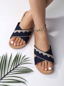 Fall/Winter Women's Comfortable And Breathable Crossed Straps Open-Toe Slippers - Navy Blue - View 2