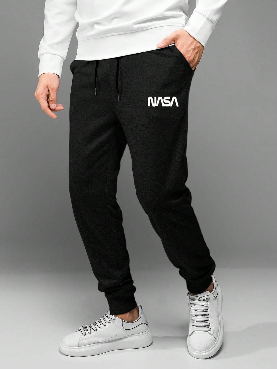 RueChic Cotton Men Letter Graphic Drawstring Waist Sweatpants - Black - View 1