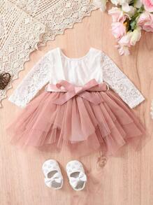 SHEIN 女嬰蕾絲拼接貼花細節網紗覆蓋連身背心 - 彩色 - 查看 2