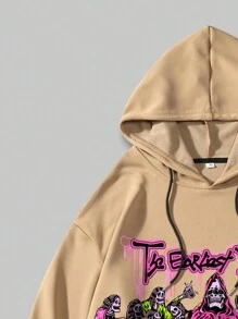ROMWE MEN Street Life Các bạn Đồ họa chữ cái & bộ xương Dây rút Hoodie - Màu Khaki - Xem 3