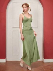 SHEIN MOD Chất rắn Racerback Đầm - Màu xanh Ô liu - Xem 3