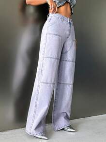 SHEIN ICON Top-stitching Wide Leg Jeans - Mauve Purple - View 4