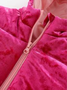 SHEIN 年轻女孩拉链连帽天鹅绒填充大衣 - 玫紅色 - 查看 6