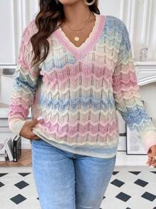 SHEIN Franclia 大碼漸層網眼針織落肩袖套頭毛衣 - 彩色 - 查看 3