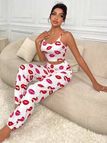 Lip Print Cami Top & Pants PJ Set / Pajama Set White Set Bridallingerie - White - View 3