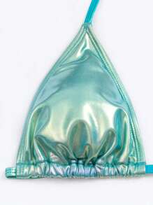 Swim Vcay Summer Beach Metallic Halter Triangle Tie Side Bikini Set - Cadet Blue - View 4