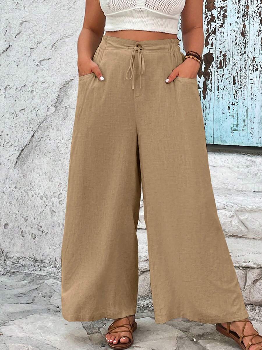 SHEIN VCAY Plus Knot Front Wide Leg Pants - Khaki - View 1