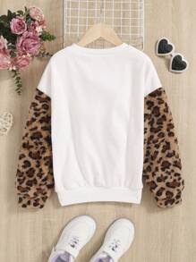 SHEIN Tween Girl Heart & Leopard Print Contrast Sleeve Thermal Lined Pullover - Multicolor - View 2