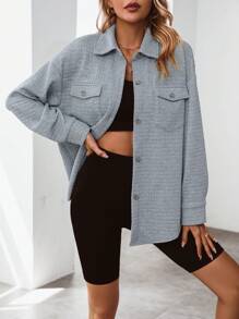 SHEIN Essnce Abrigo con bolsillo con solapa de hombros caídos - Gris - Ver 1