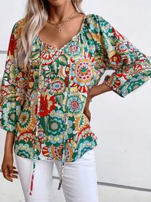 Breezaya In hoa Cà vạt Tay áo lồng đèn Áo sơ mi - màu xanh lá - Xem 5