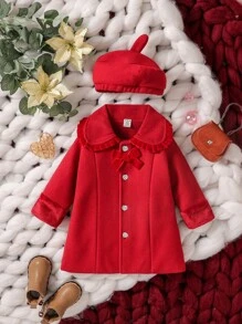 Baby Girl Statement Collar Bow Front Coat & Hat - Red - View 1