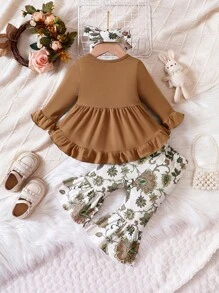 女嬰荷葉袖荷葉邊上衣&印花喇叭褲＆ 頭巾 - 彩色 - 查看 2