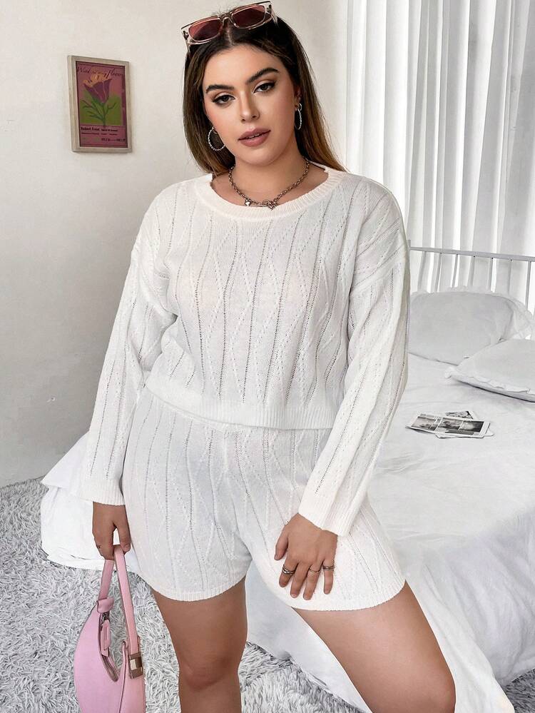 Plus Drop Shoulder Sweater & Knit Shorts