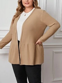 SHEIN LUNE Plus Size Solid Casual Design Cardigan - Khaki - View 4