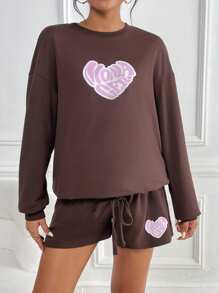 SHEIN Maternity Heart & Letter Graphic Drop Shoulder Pullover & Drawstring Waist Shorts - Chocolate Brown - View 4