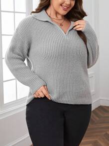 SHEIN Essnce Plus Quarter Zip Drop Shoulder Sweater - Light Grey - View 3