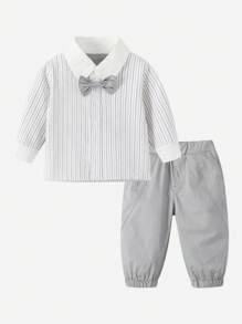 男嬰條紋印花前蝴蝶結襯衫和褲子
