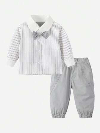 男嬰條紋印花前蝴蝶結襯衫和褲子