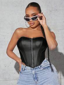 SHEIN SXY Zip Front PU Leather Tube Top - Black - View 1