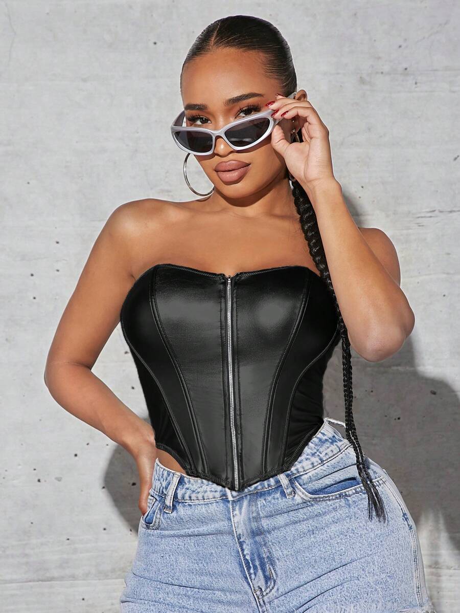 SHEIN SXY Zip Front PU Leather Tube Top - Black - View 1