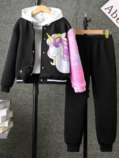 SHEIN 女大童獨角獸印花條紋飾邊落肩袖連帽夾克和運動褲不帶T恤