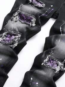 Manfinity LEGND Pantalón Vaquero Slim Fit desgarrado para hombre con estampado de salpicaduras de pintura, jean largo y deshilachado con bolsillos cargo en color negro liso, ideal para fiestas, rock punk y rapero. - Negro - Ver 3